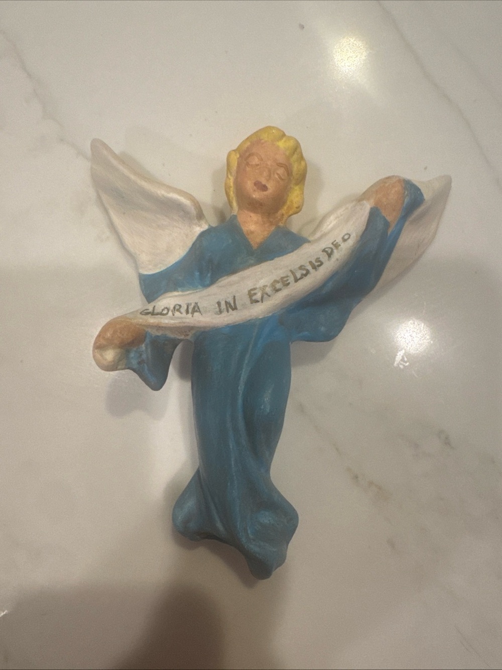 Blue Angel Figurine W/ Banner Chalkware 'Gloria in Excelsis Deo' Vintage